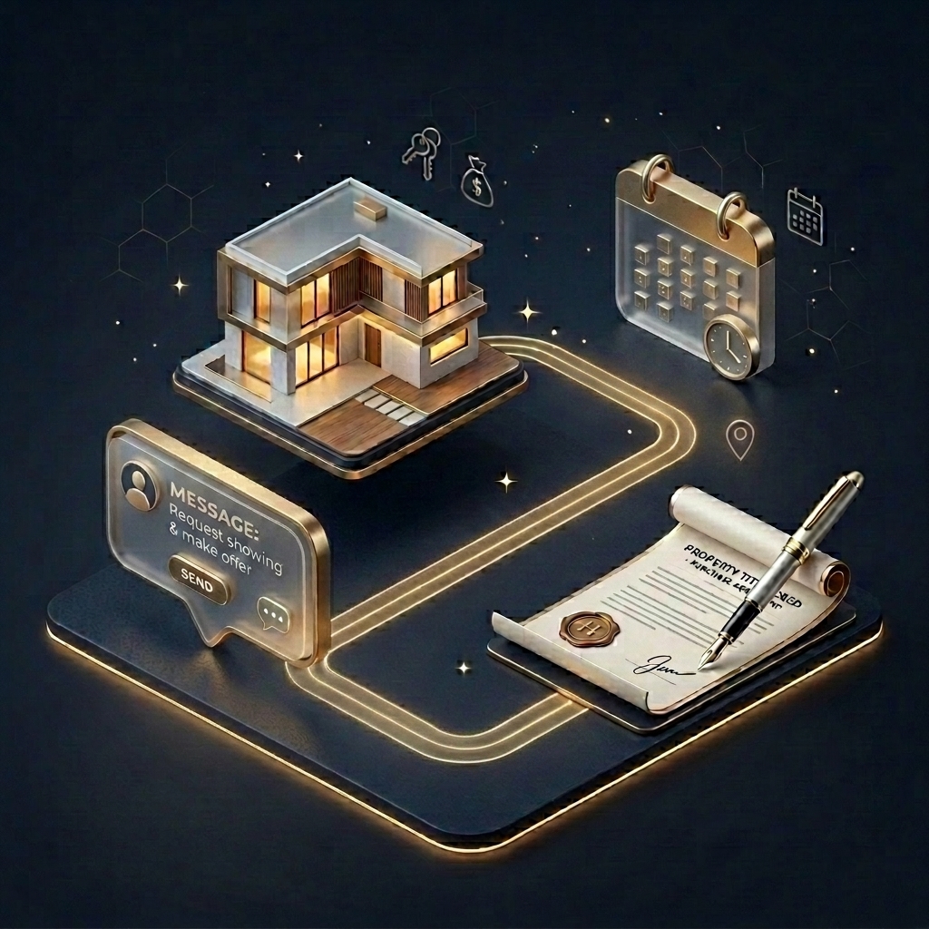 3D conceptual illustration showing the real estate journey: property search, connecting with agent, and signing the final contract